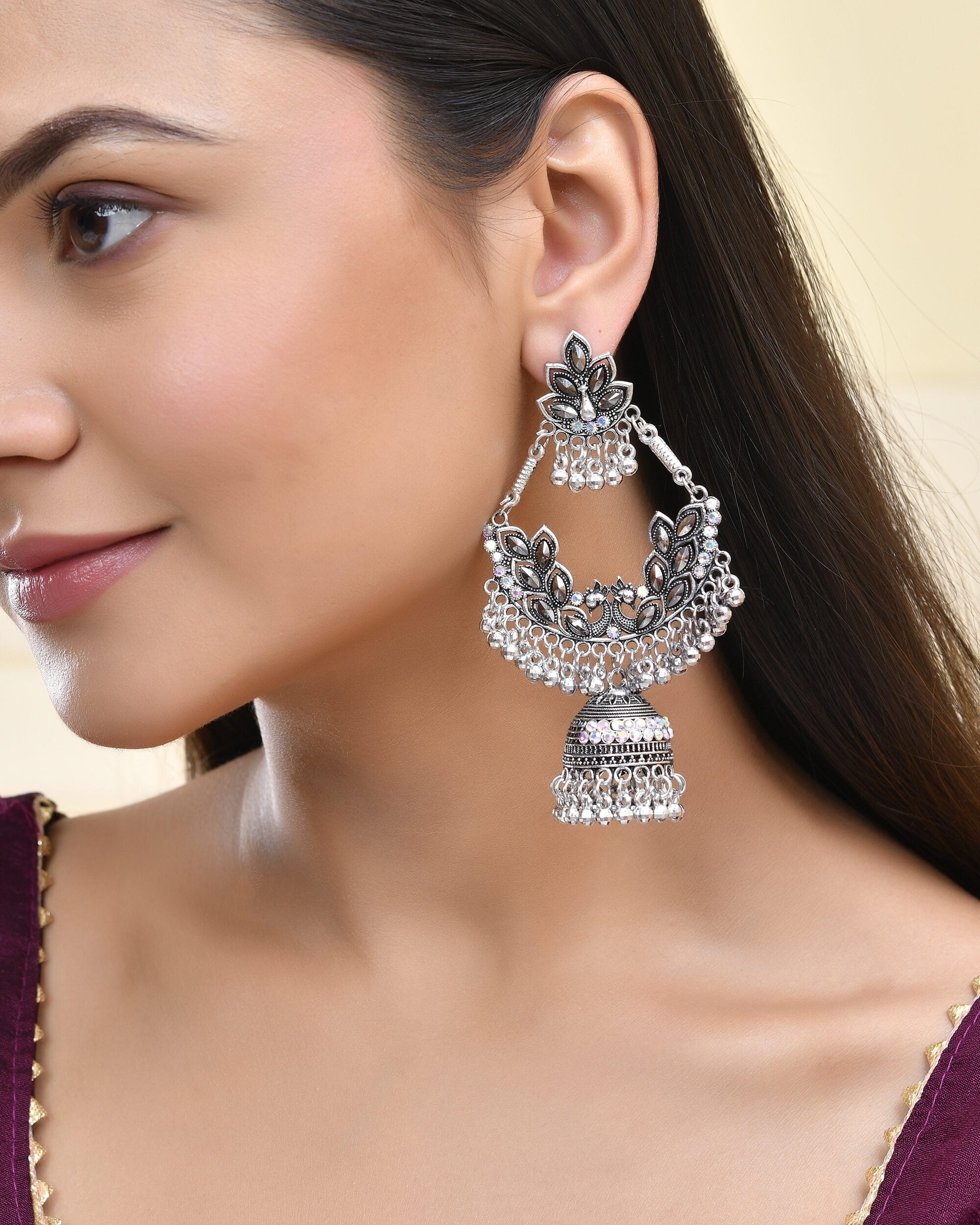 Jewels Nest Boho Floral Jhumka Earrings with Iridescent Stones Jewels Nest