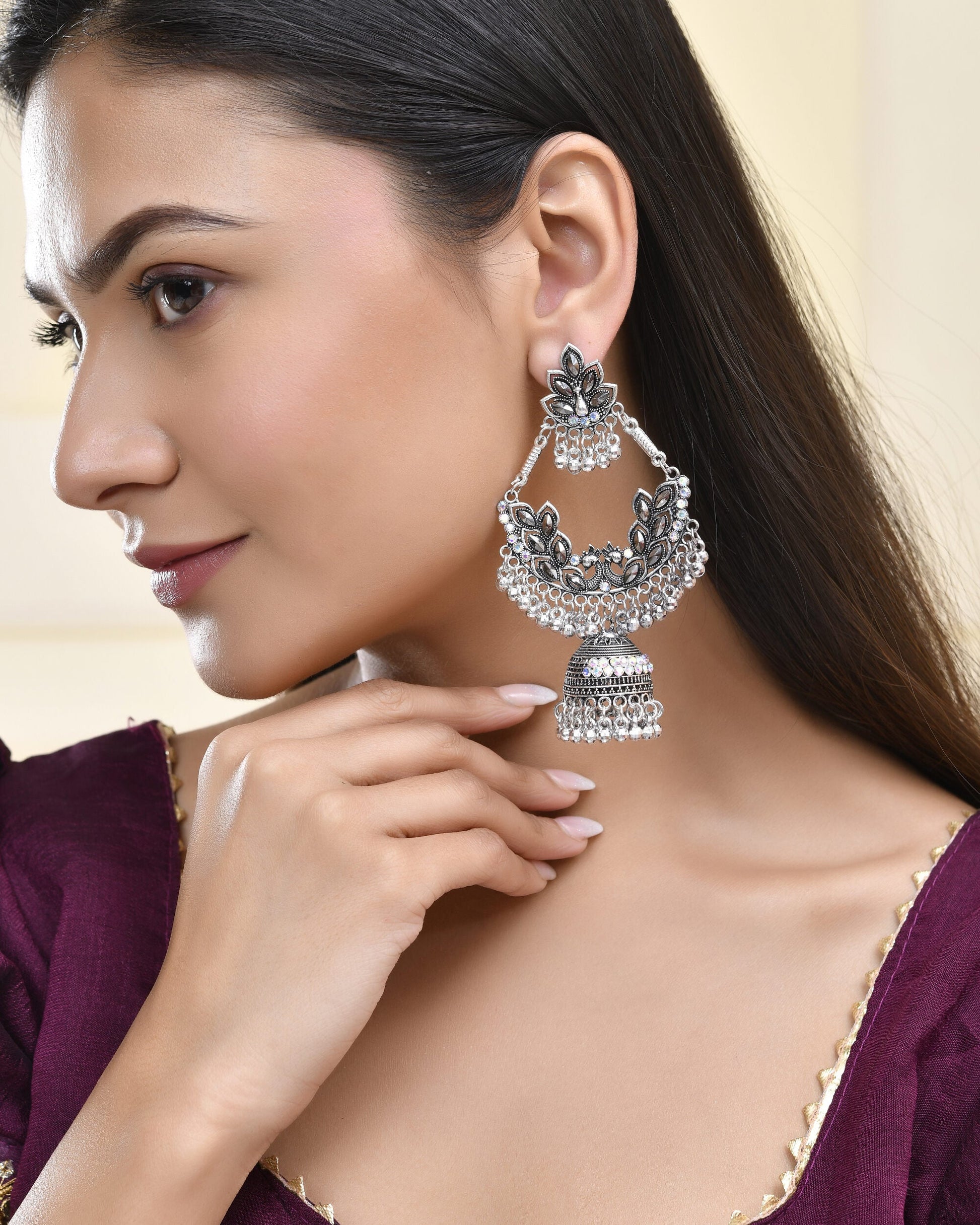 Jewels Nest Boho Floral Jhumka Earrings with Iridescent Stones Jewels Nest