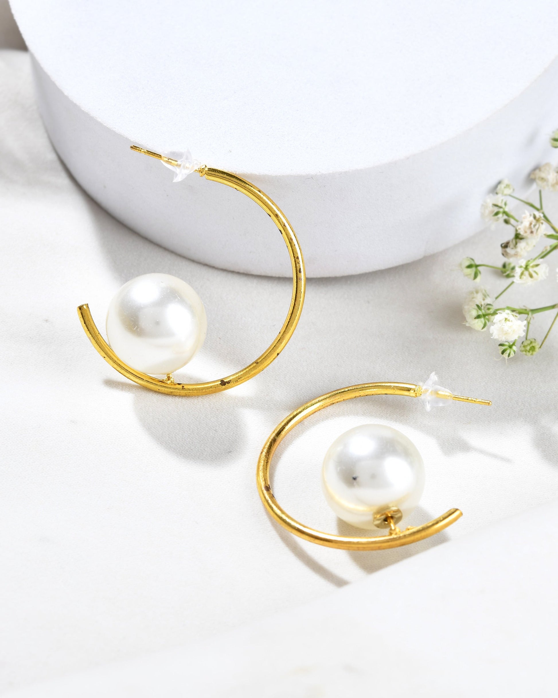 Jewels Nest Golden Halo Pearl Hoops Jewels Nest
