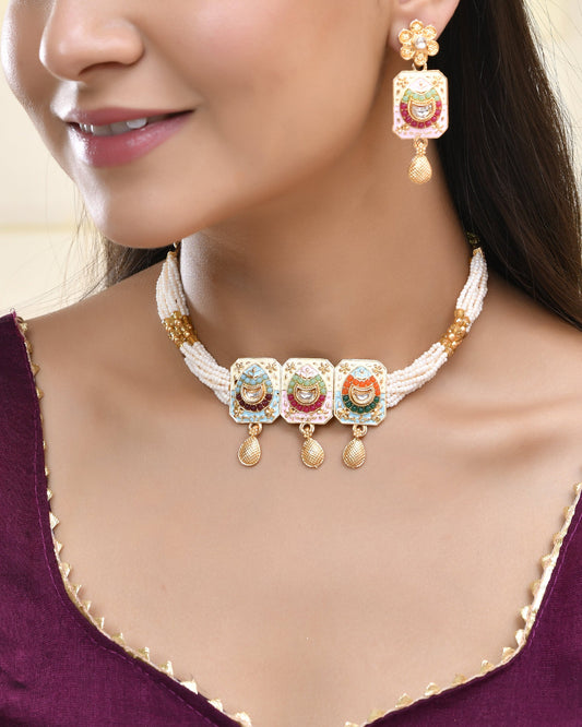 Jewels Nest Traditional Gold-Polished Kundan & Pearl Multi-Color Necklace and Earrings Set for Women Jewels Nest