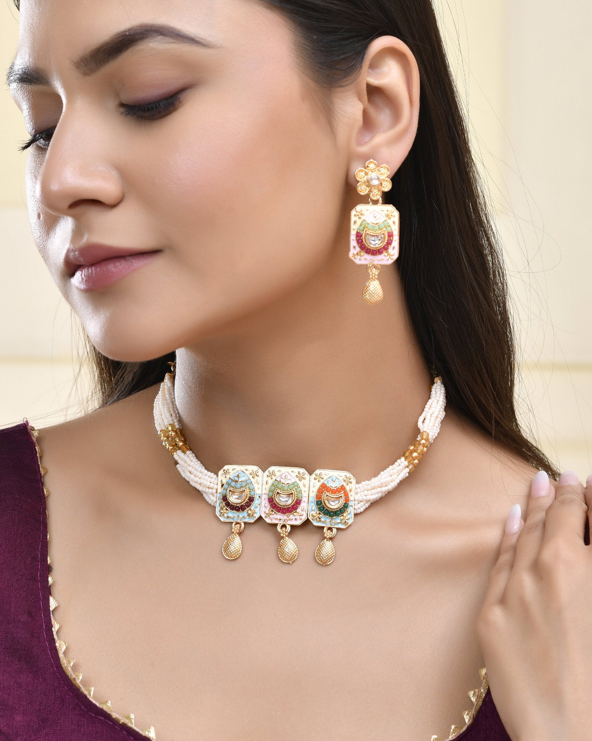 Jewels Nest Traditional Gold-Polished Kundan & Pearl Multi-Color Necklace and Earrings Set for Women Jewels Nest