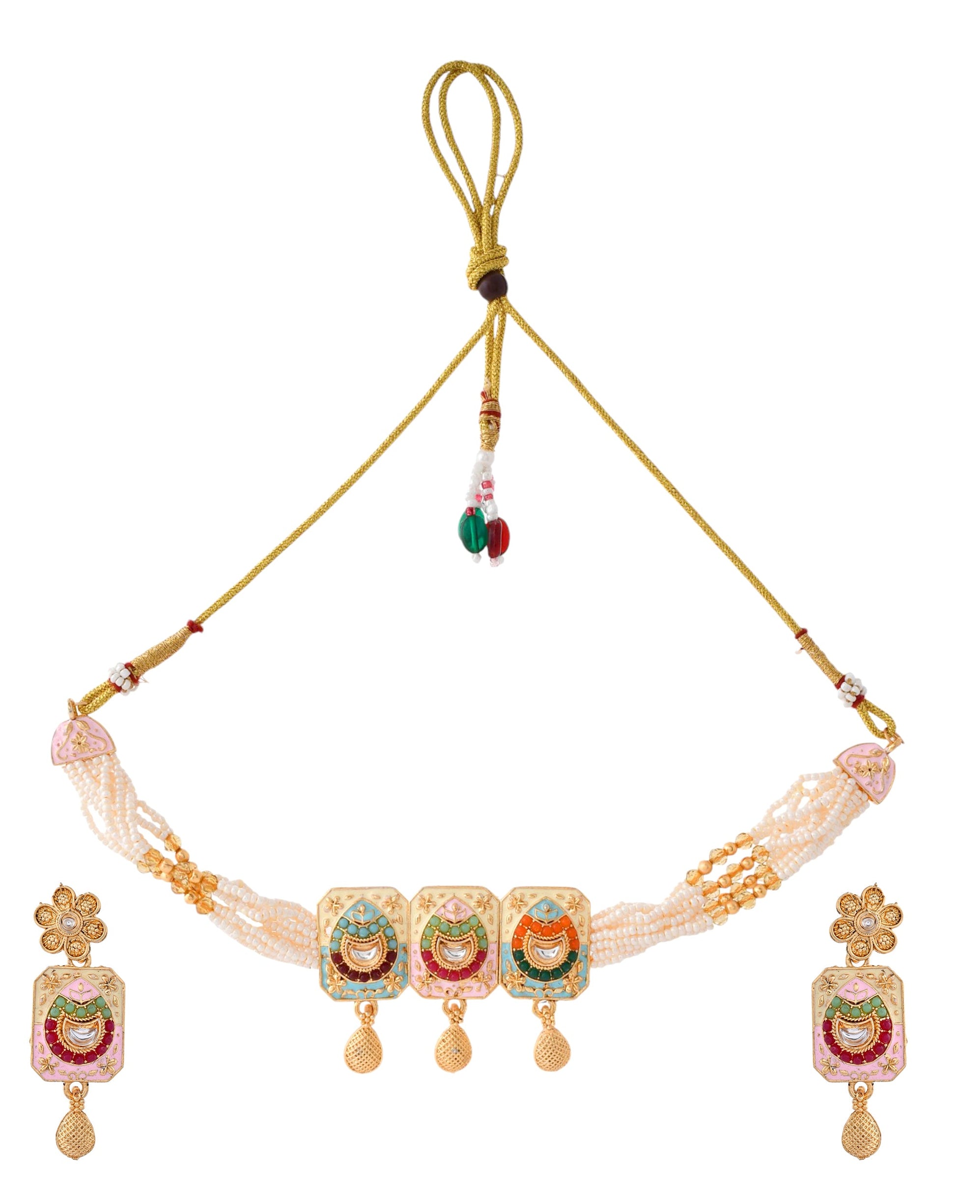 Jewels Nest Traditional Gold-Polished Kundan & Pearl Multi-Color Necklace and Earrings Set for Women Jewels Nest