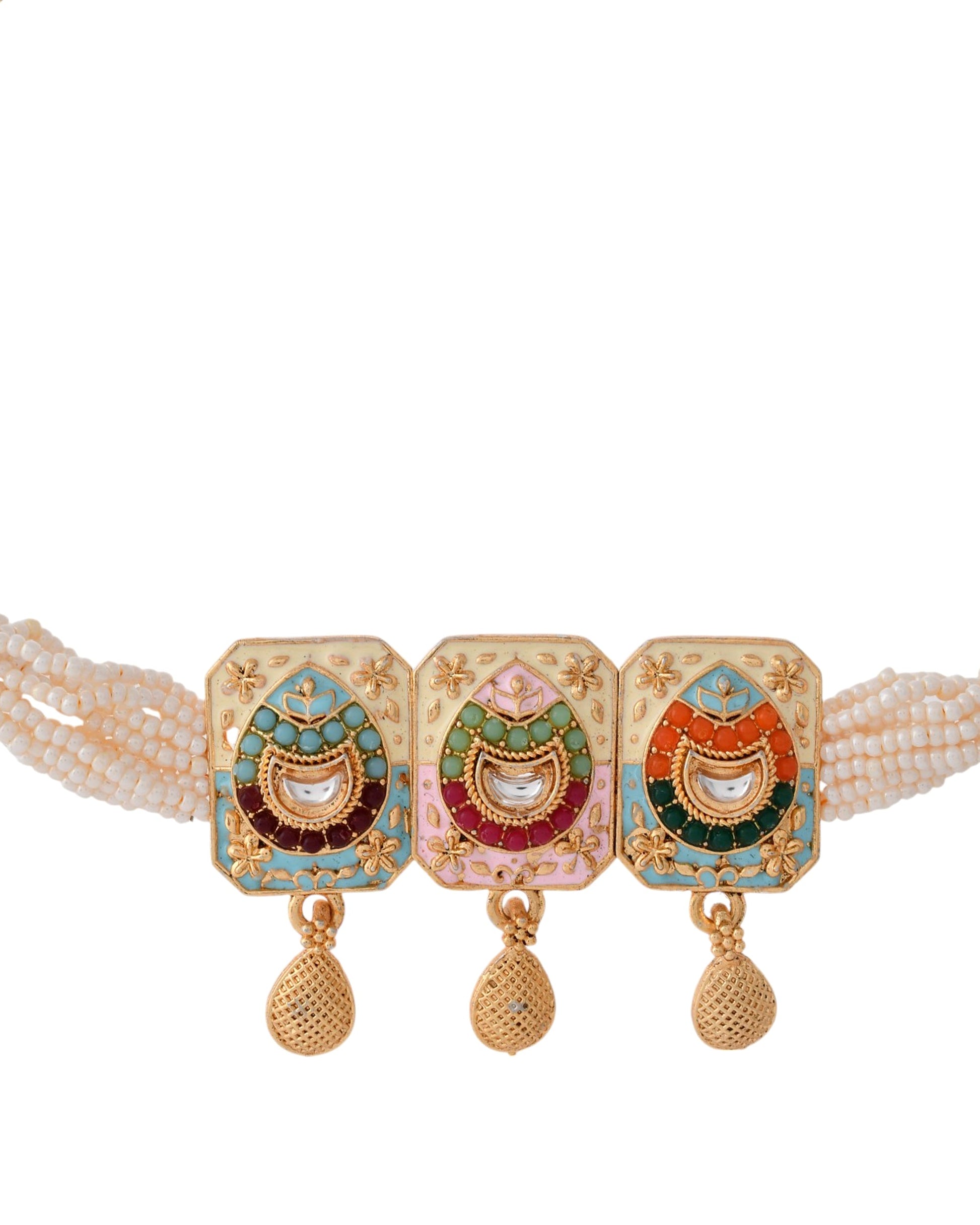 Jewels Nest Traditional Gold-Polished Kundan & Pearl Multi-Color Necklace and Earrings Set for Women Jewels Nest