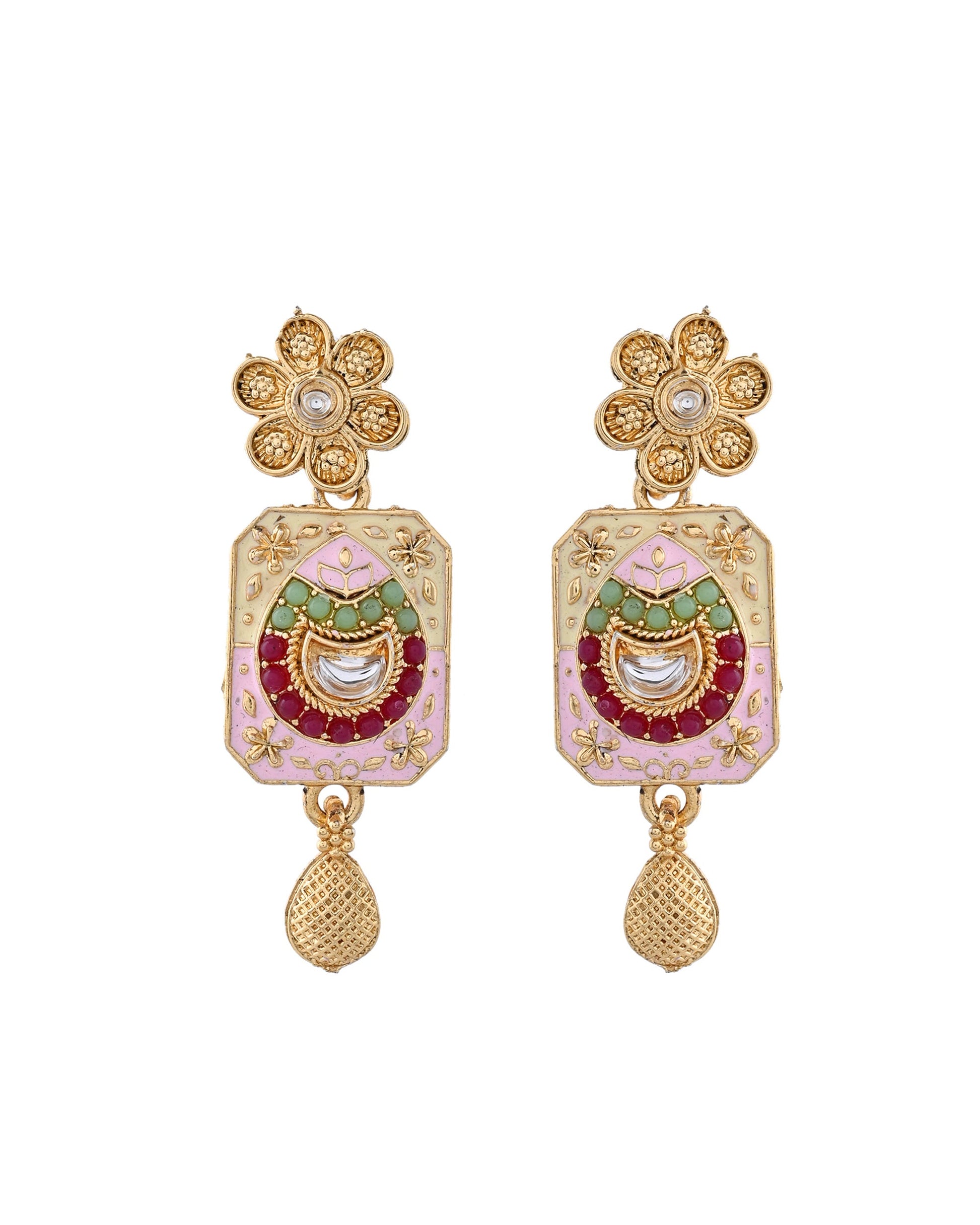 Jewels Nest Traditional Gold-Polished Kundan & Pearl Multi-Color Necklace and Earrings Set for Women Jewels Nest