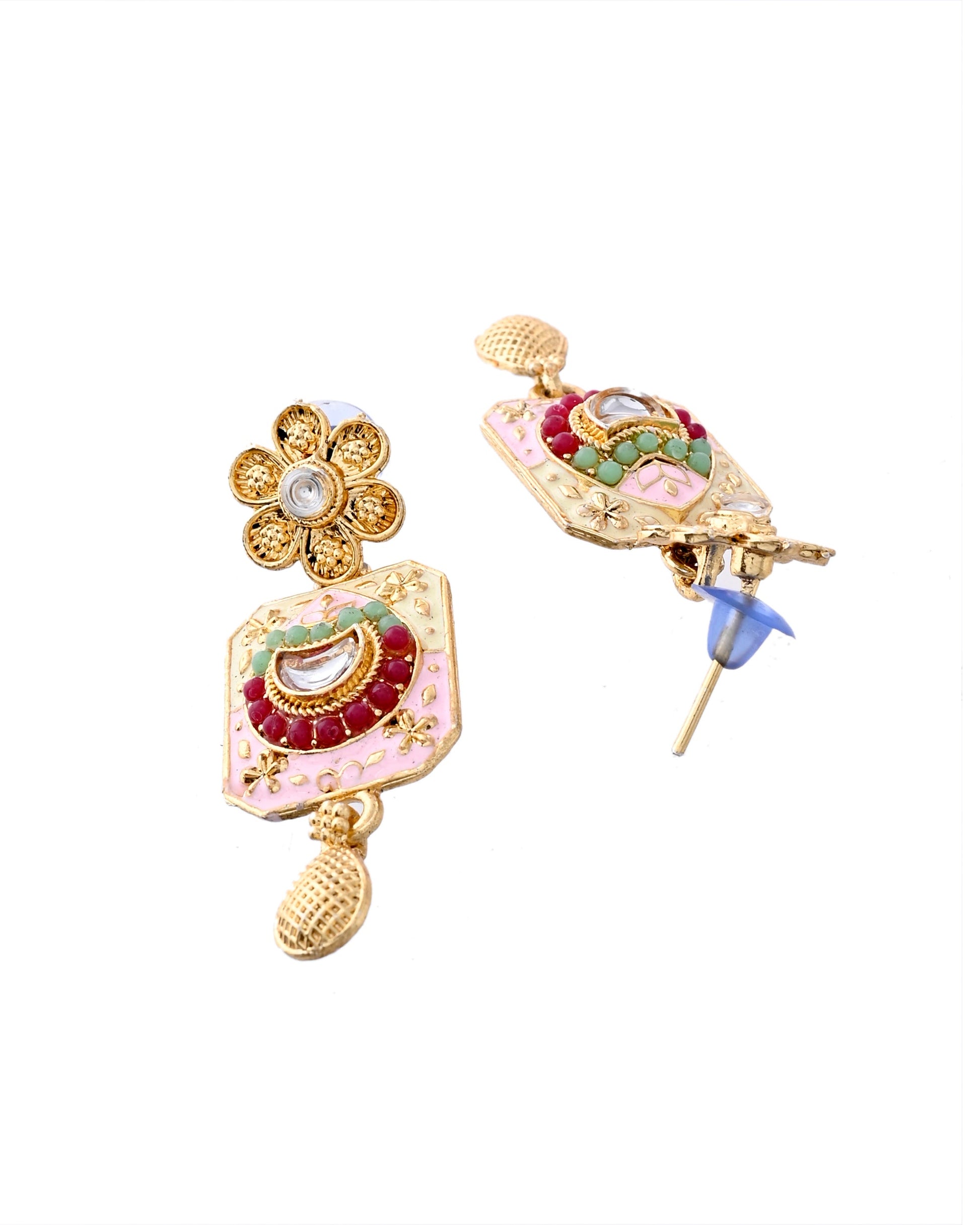 Jewels Nest Traditional Gold-Polished Kundan & Pearl Multi-Color Necklace and Earrings Set for Women Jewels Nest