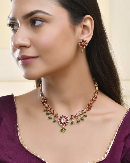 Jewels Nest Traditional Ruby and Emerald Floral Necklace & Earrings Set Jewels Nest