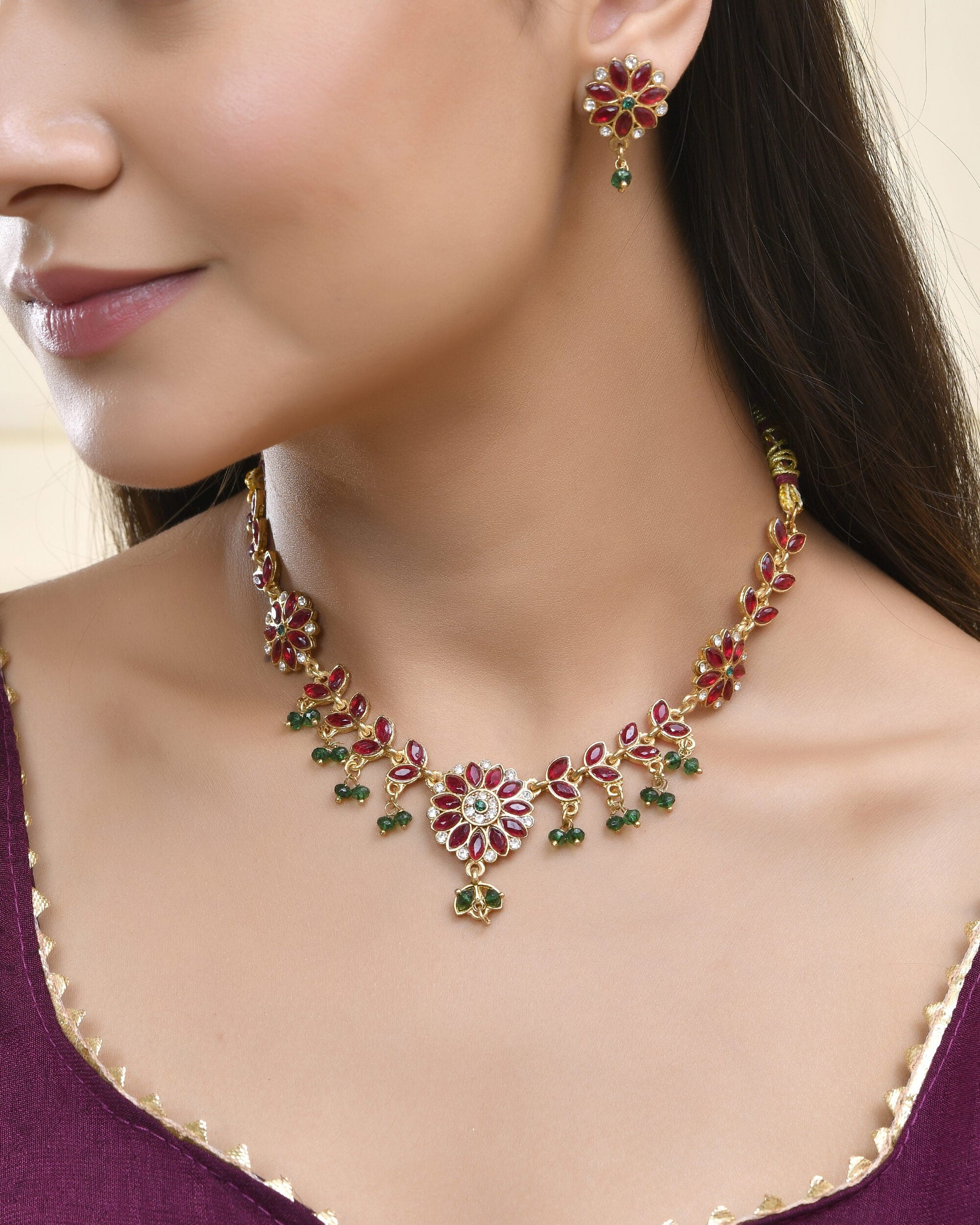 Jewels Nest Traditional Ruby and Emerald Floral Necklace & Earrings Set Jewels Nest