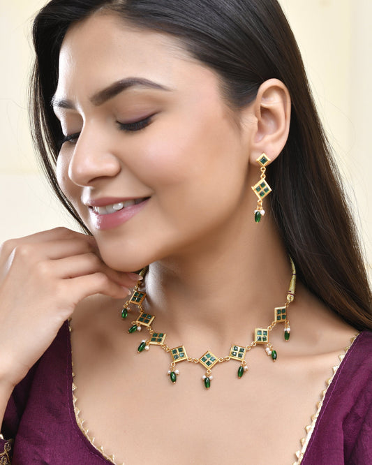 Jewels Nest Elegant Green Square Drop Necklace & Earrings Set Jewels Nest