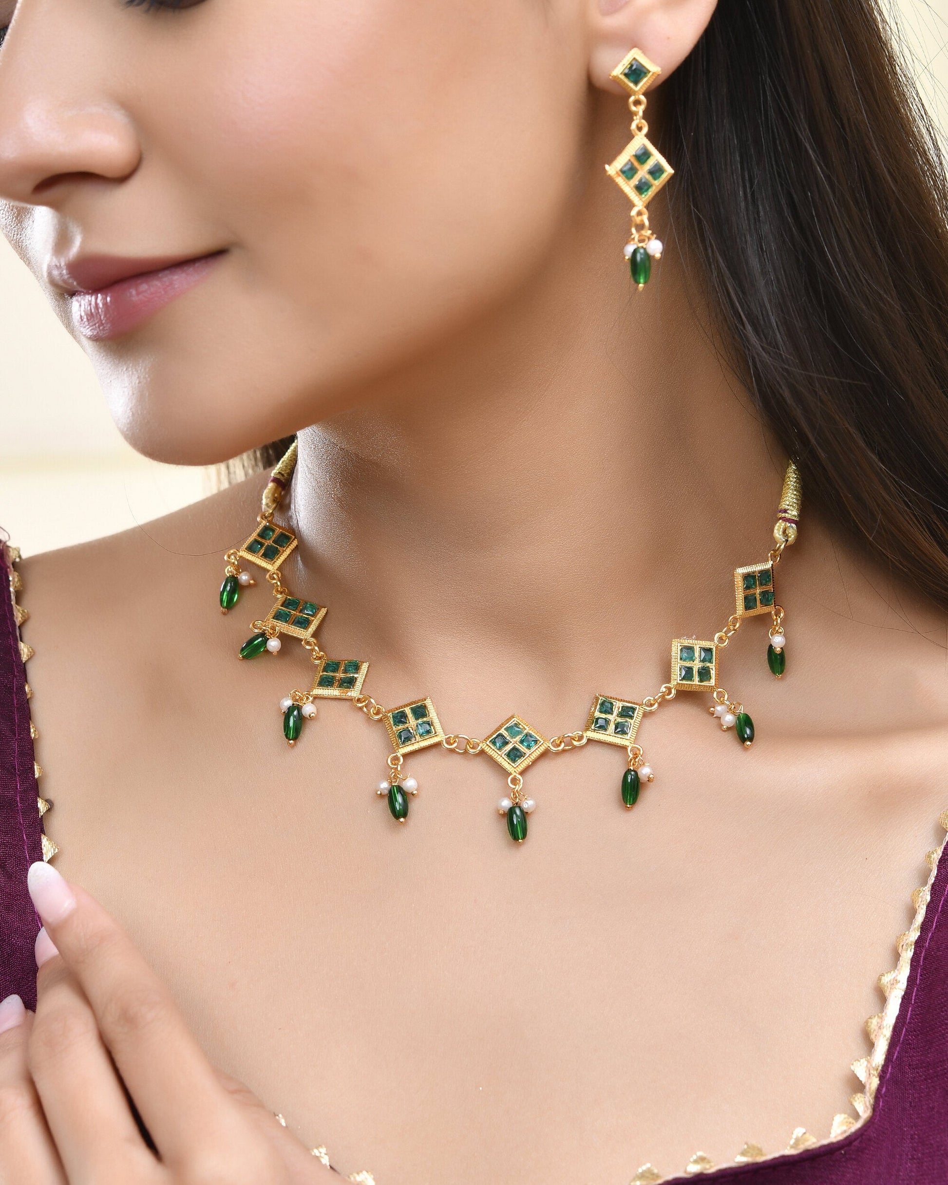 Jewels Nest Elegant Green Square Drop Necklace & Earrings Set Jewels Nest