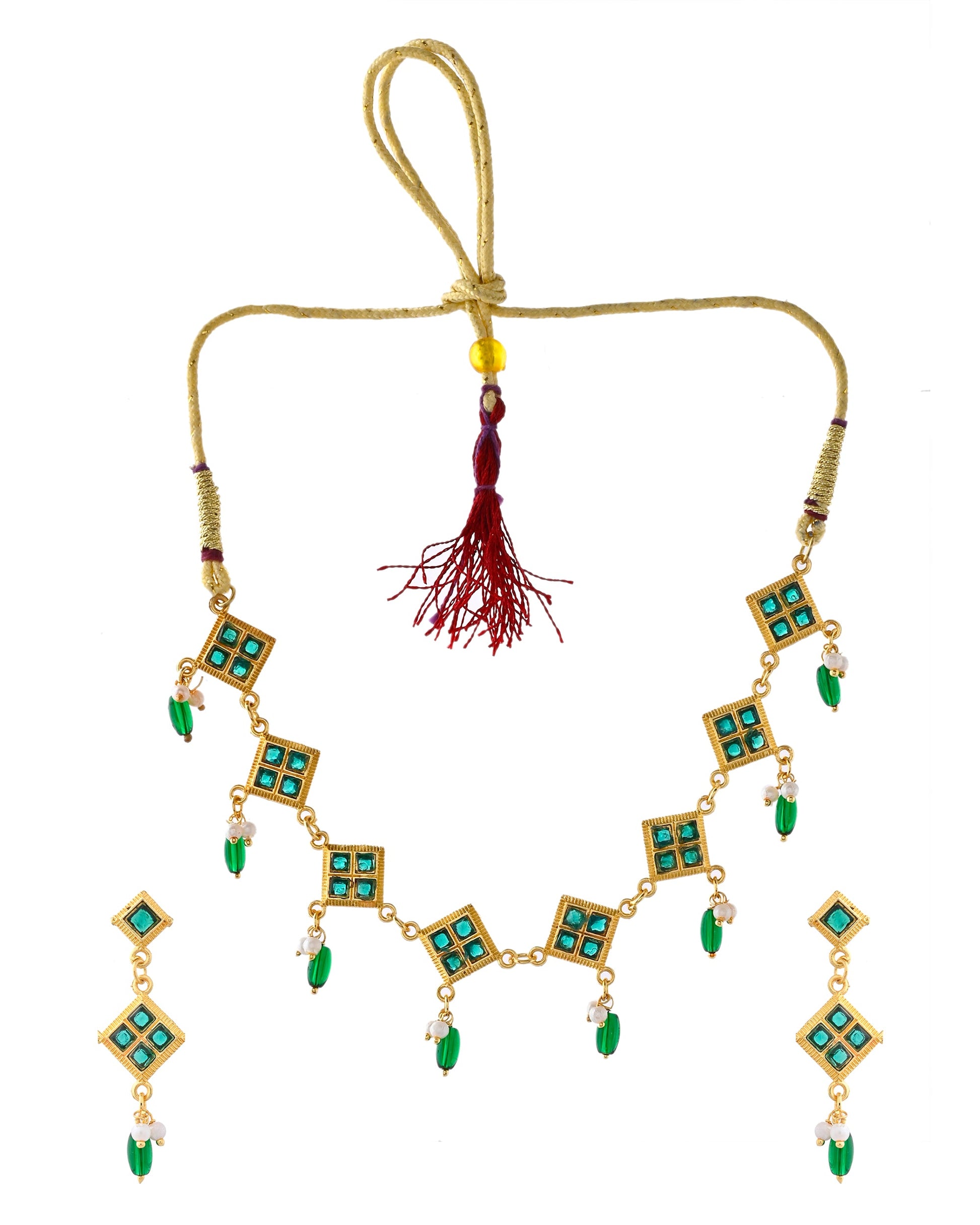 Jewels Nest Elegant Green Square Drop Necklace & Earrings Set Jewels Nest