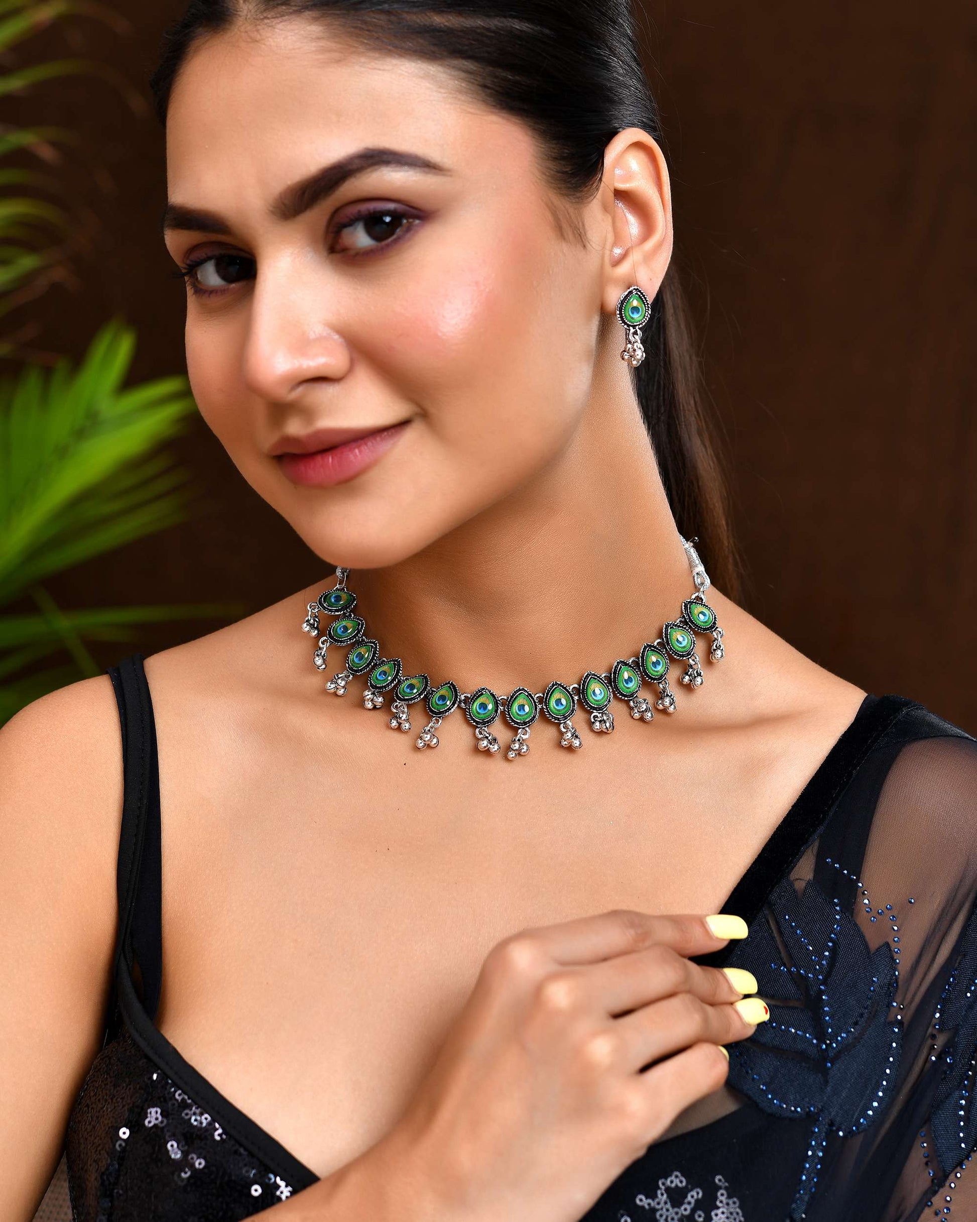 Jewels Nest Oxidised Silver Peacock Feather Necklace with Matching Earrings Set Jewels Nest