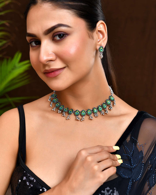 Jewels Nest Oxidised Silver Peacock Feather Necklace with Matching Earrings Set Jewels Nest