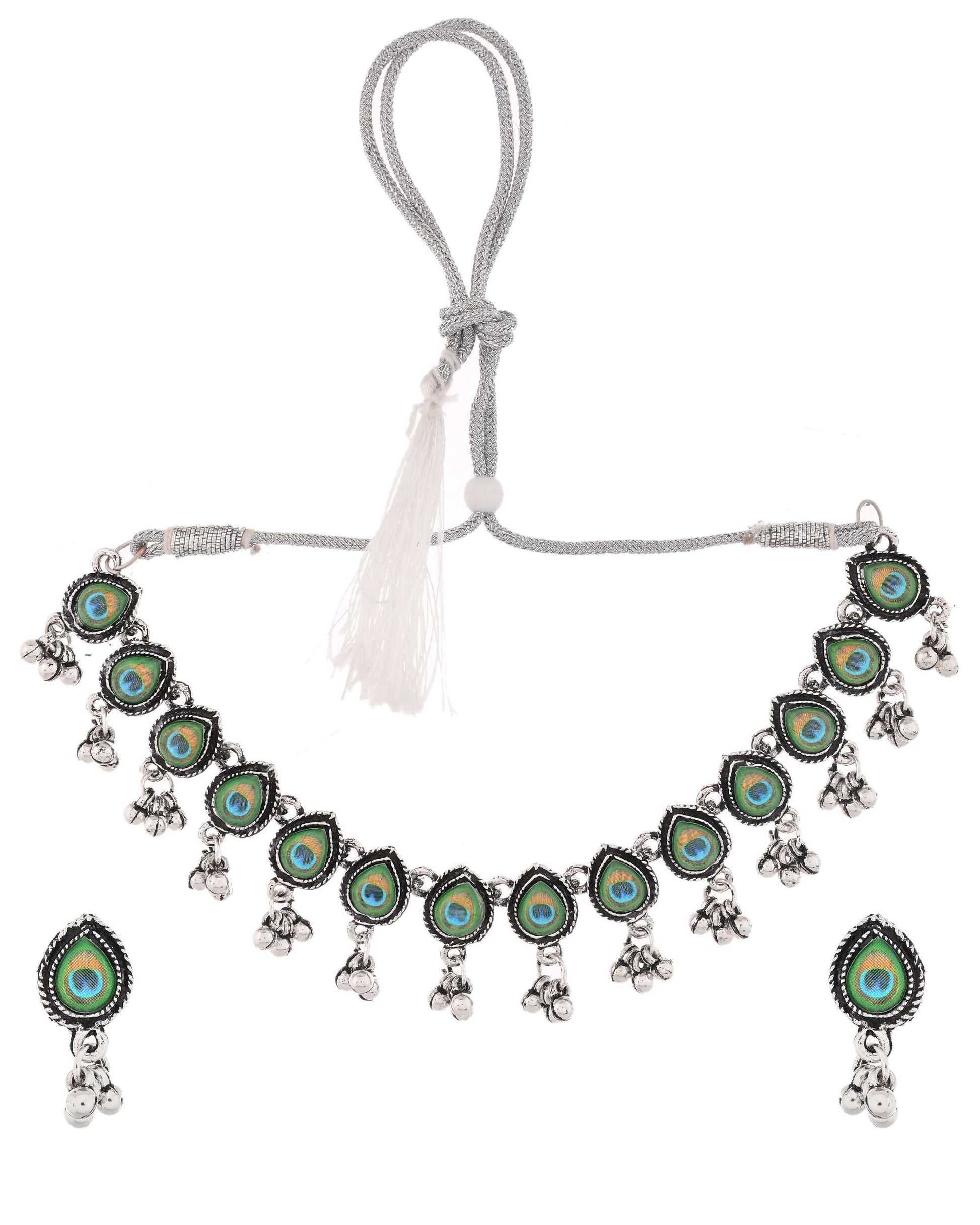 Jewels Nest Oxidised Silver Peacock Feather Necklace with Matching Earrings Set Jewels Nest