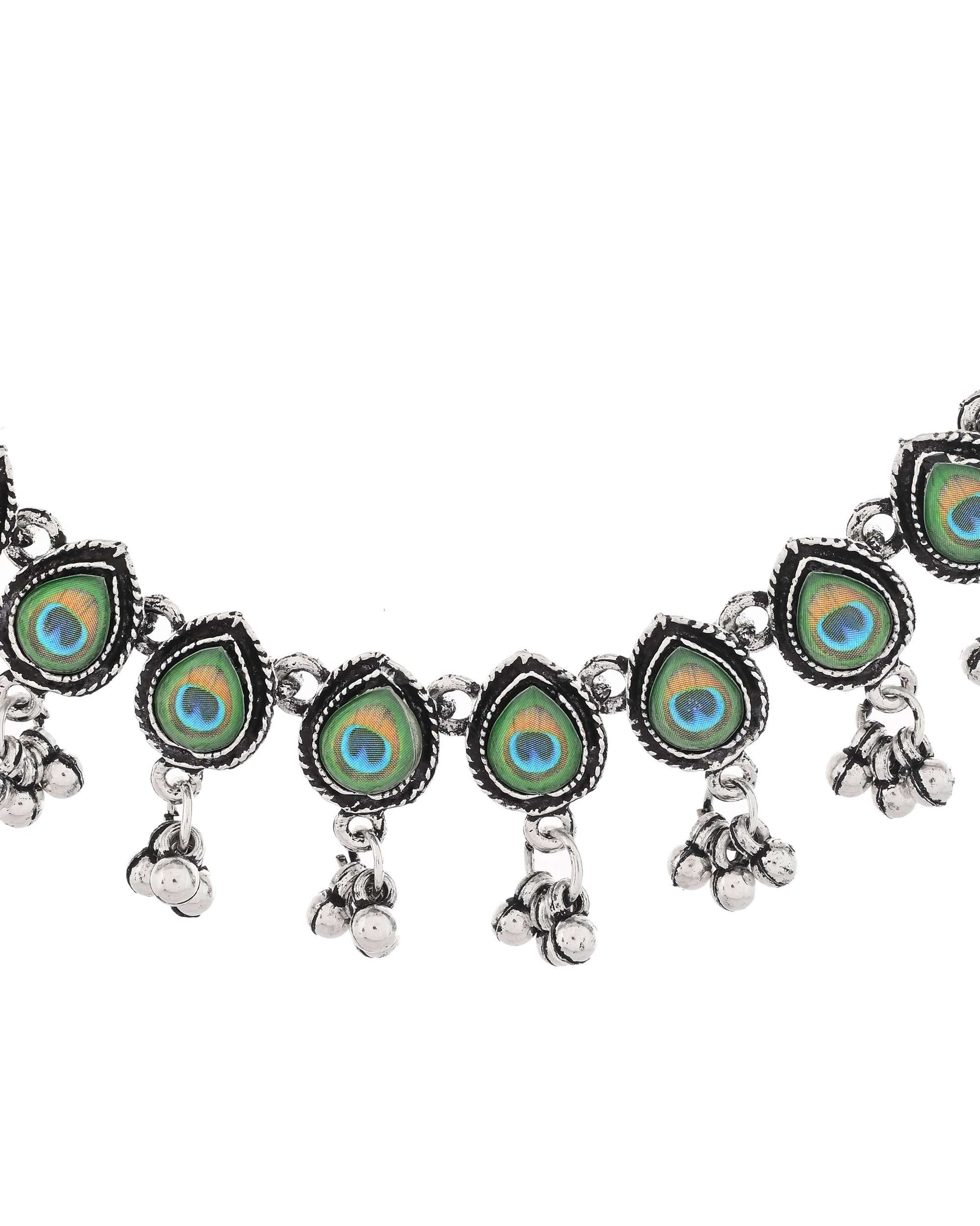 Jewels Nest Oxidised Silver Peacock Feather Necklace with Matching Earrings Set Jewels Nest