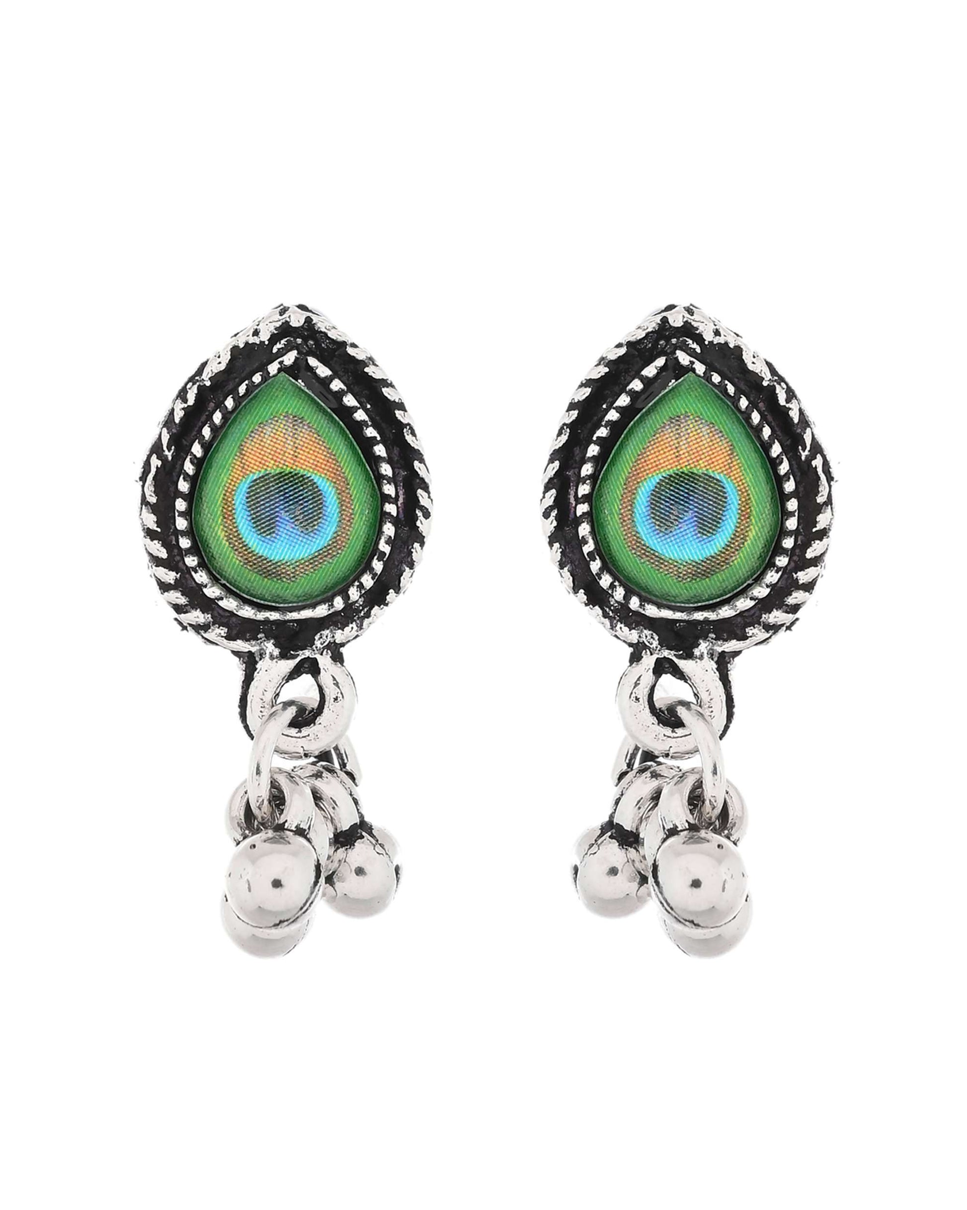 Jewels Nest Oxidised Silver Peacock Feather Necklace with Matching Earrings Set Jewels Nest