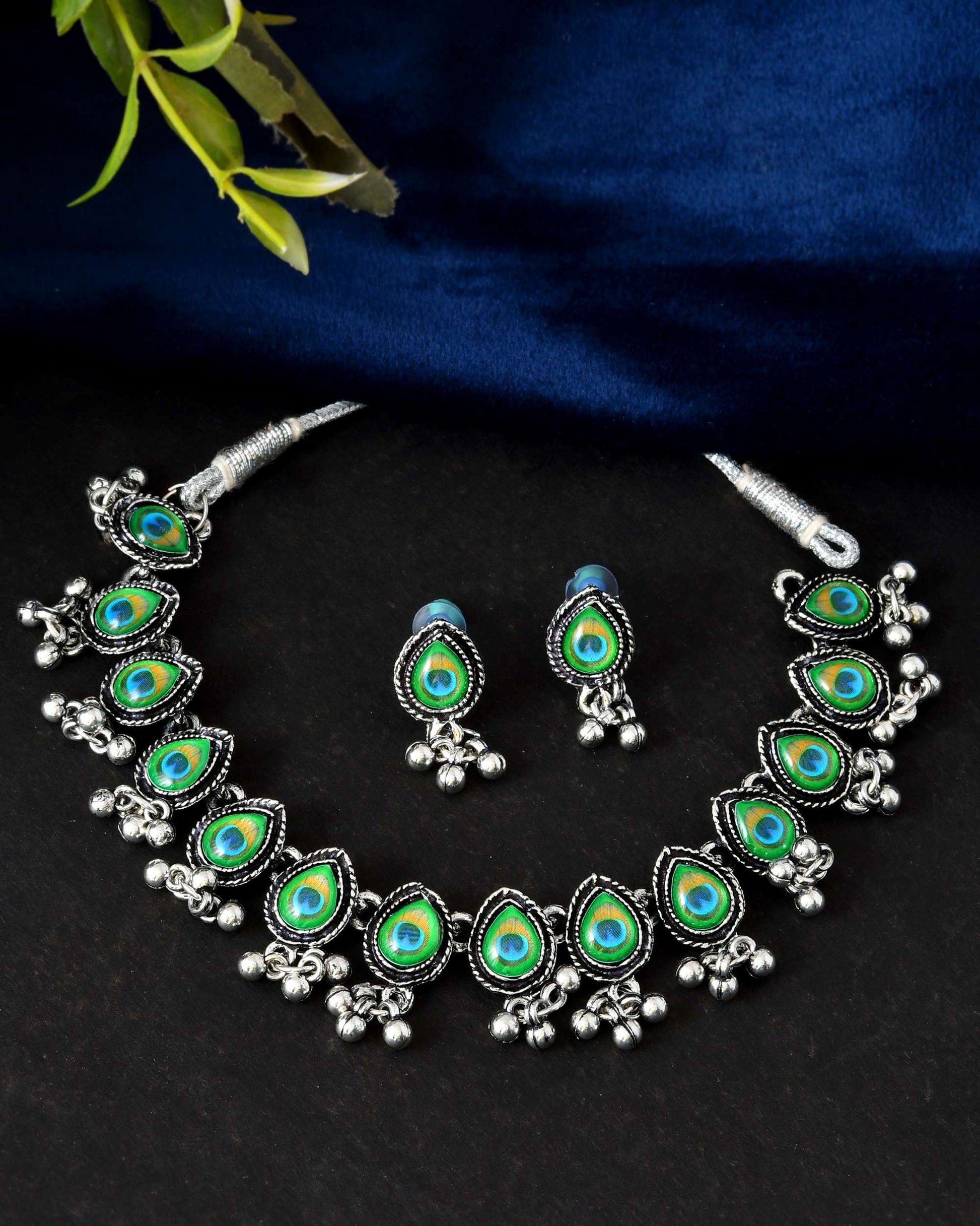 Jewels Nest Oxidised Silver Peacock Feather Necklace with Matching Earrings Set Jewels Nest