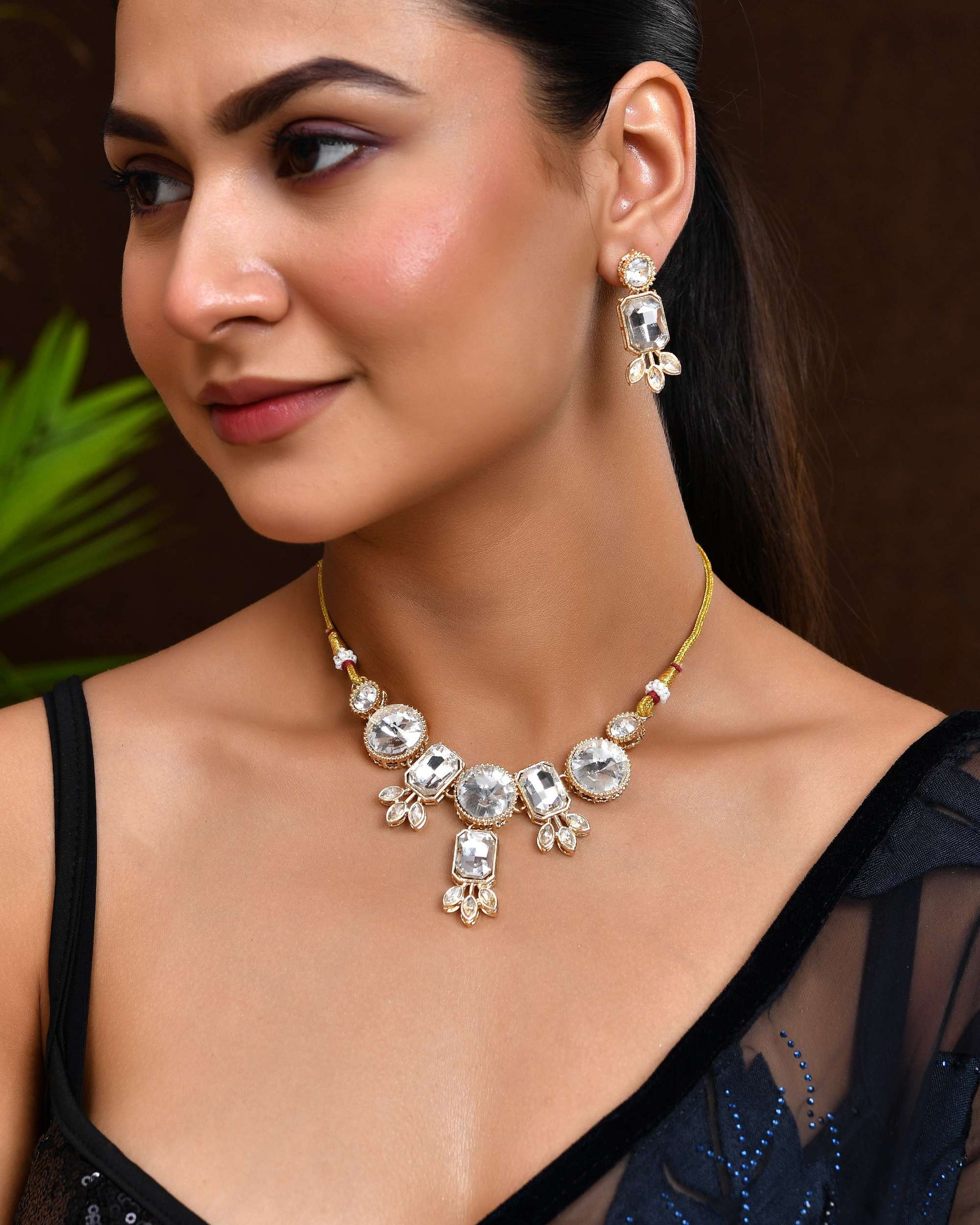 Jewels Nest Gold-Plated AD Stone Choker Necklace with Leaf Motif Detailing for Women Jewels Nest