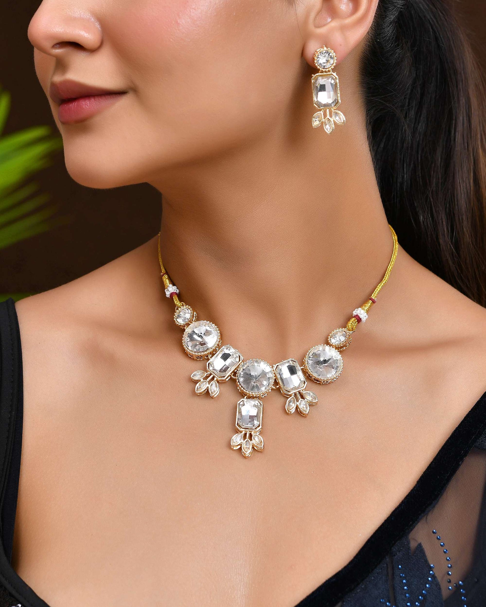 Jewels Nest Gold-Plated AD Stone Choker Necklace with Leaf Motif Detailing for Women Jewels Nest