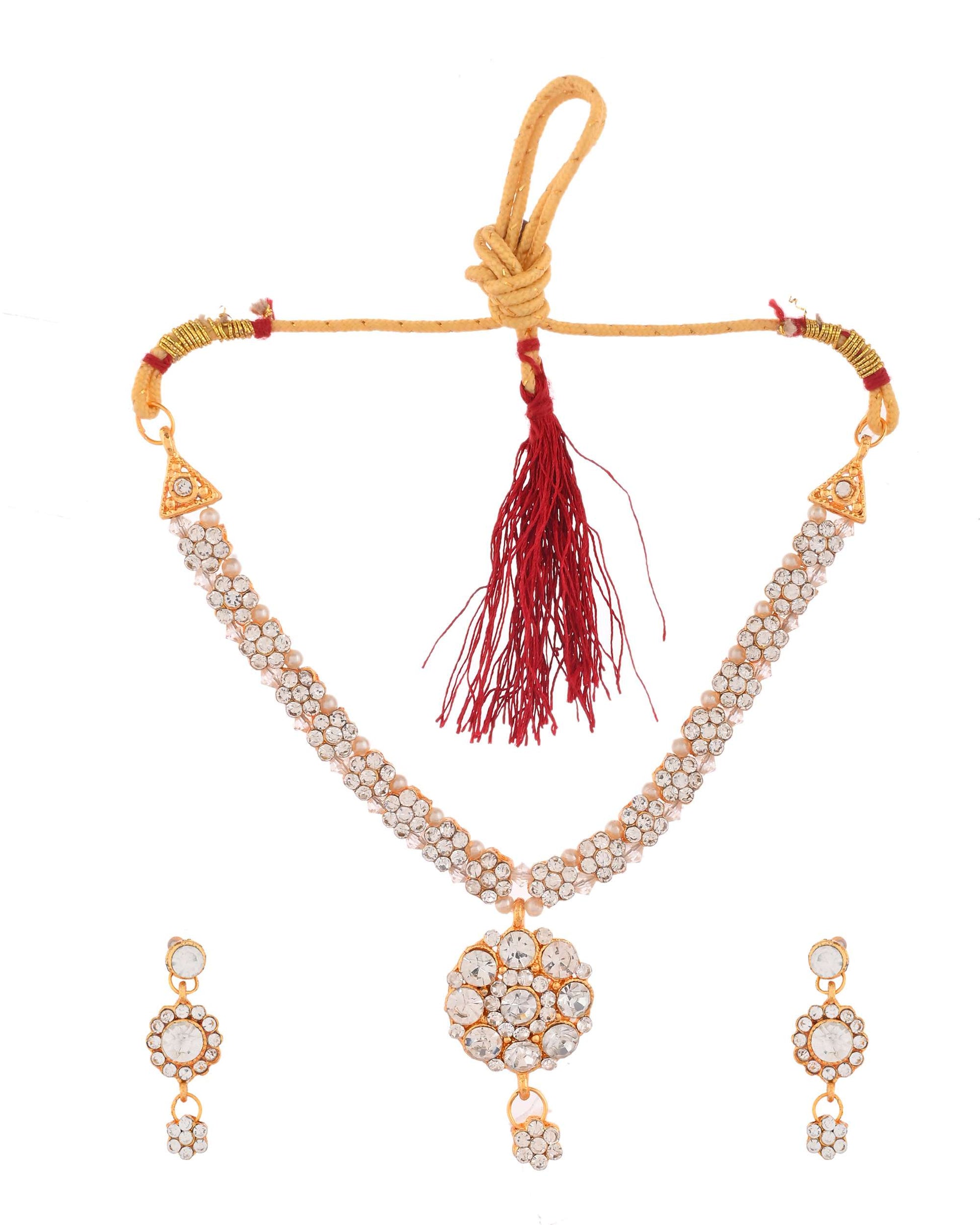 Jewels Nest Glamorous Gold-Plated Crystal Bridal Necklace Set with Earrings & Maang Tikka Jewels Nest