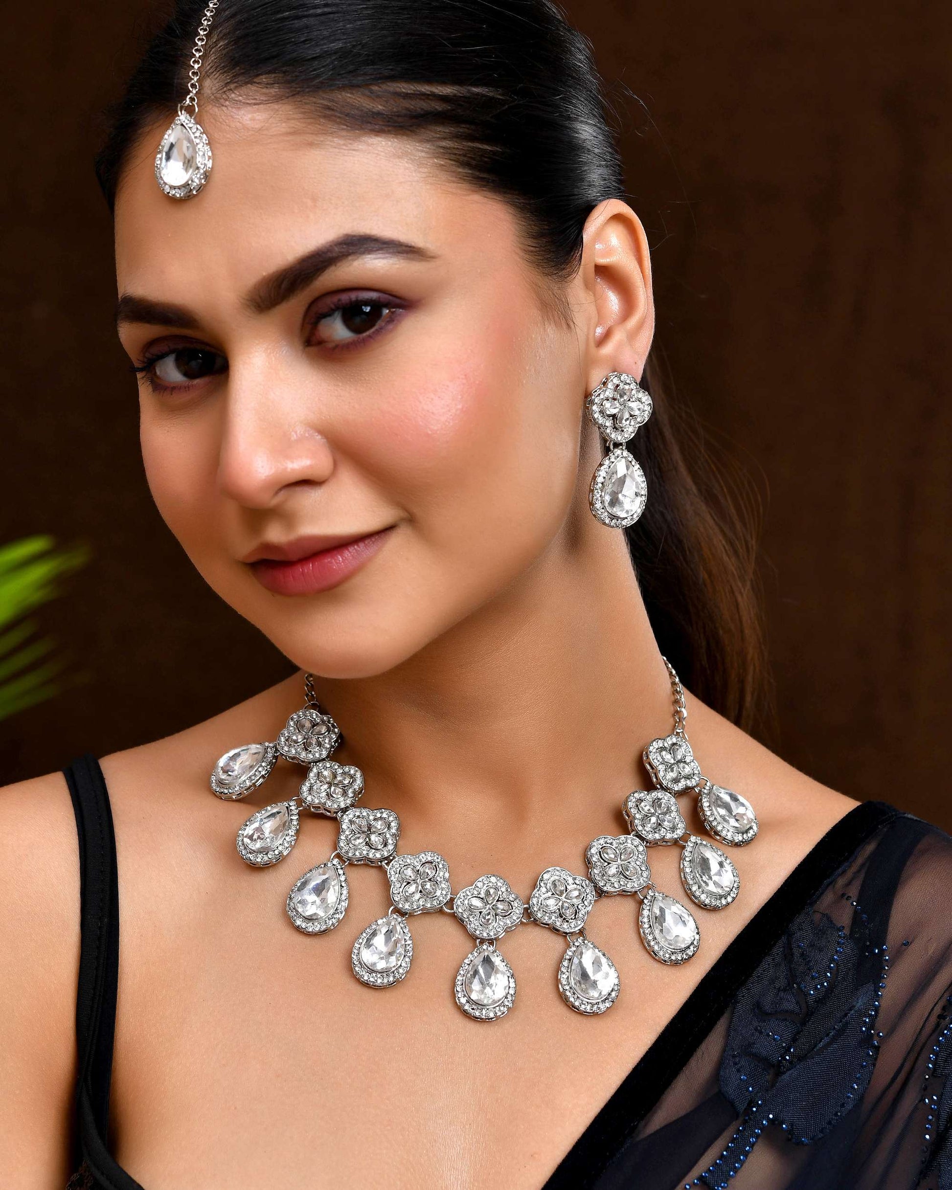 Jewels Nest Elegant Silver-Tone Crystal Drop Necklace for Weddings & Party Wear Jewels Nest