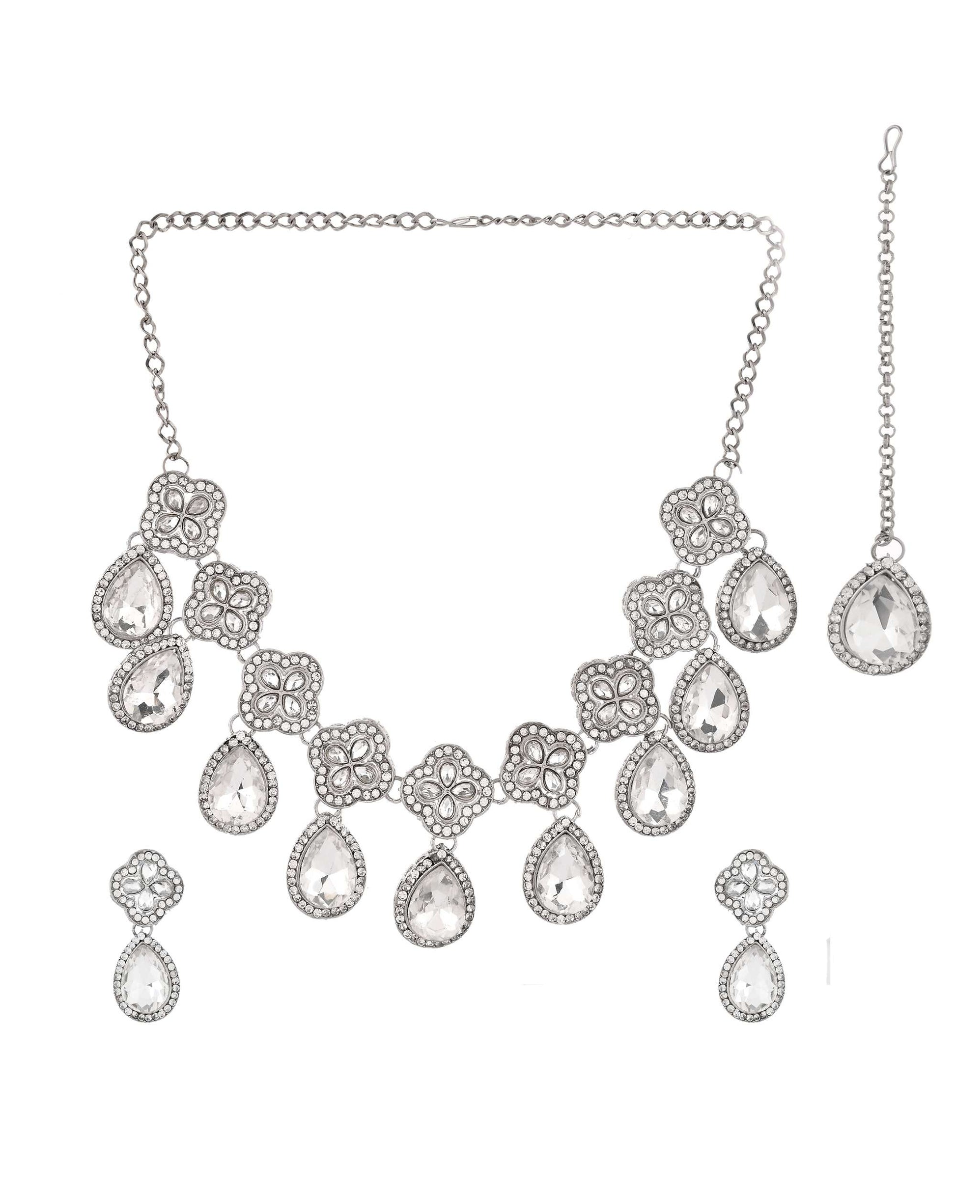 Jewels Nest Elegant Silver-Tone Crystal Drop Necklace for Weddings & Party Wear Jewels Nest
