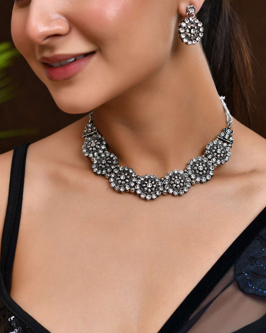 Jewels Nest Oxidised Silver Floral Necklace – Tribal Choker for Ethnic & Fusion Wear Jewels Nest