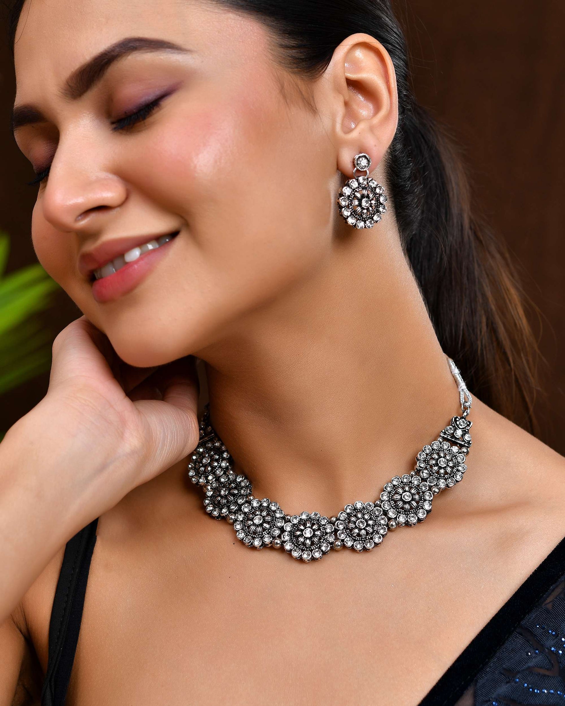 Jewels Nest Oxidised Silver Floral Necklace – Tribal Choker for Ethnic & Fusion Wear Jewels Nest