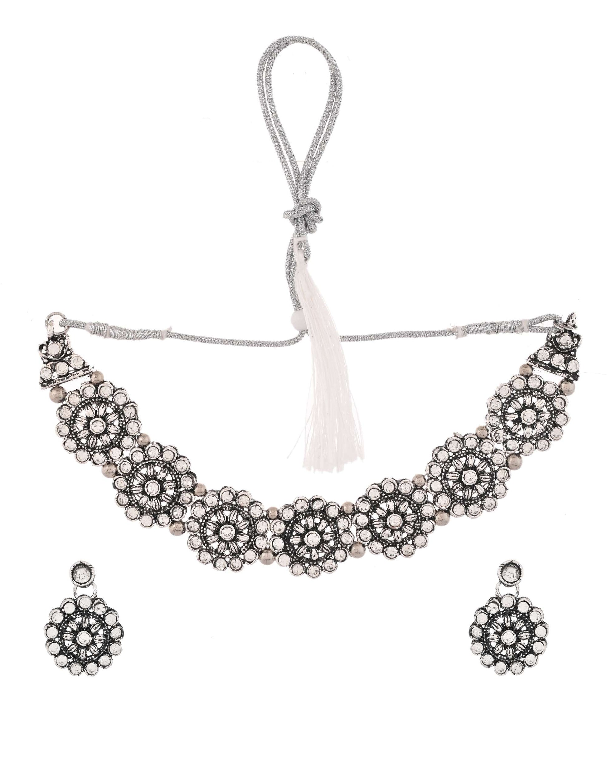 Jewels Nest Oxidised Silver Floral Necklace – Tribal Choker for Ethnic & Fusion Wear Jewels Nest