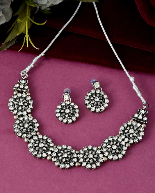 Jewels Nest Oxidised Silver Floral Necklace – Tribal Choker for Ethnic & Fusion Wear Jewels Nest