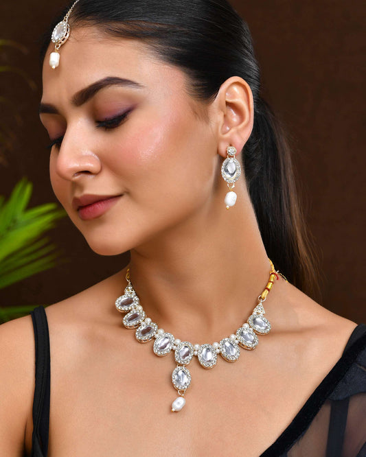 Jewels Nest Elegant White Stone & Pearl Choker Necklace Set with Earrings – Bridal & Festive Wear Jewels Nest