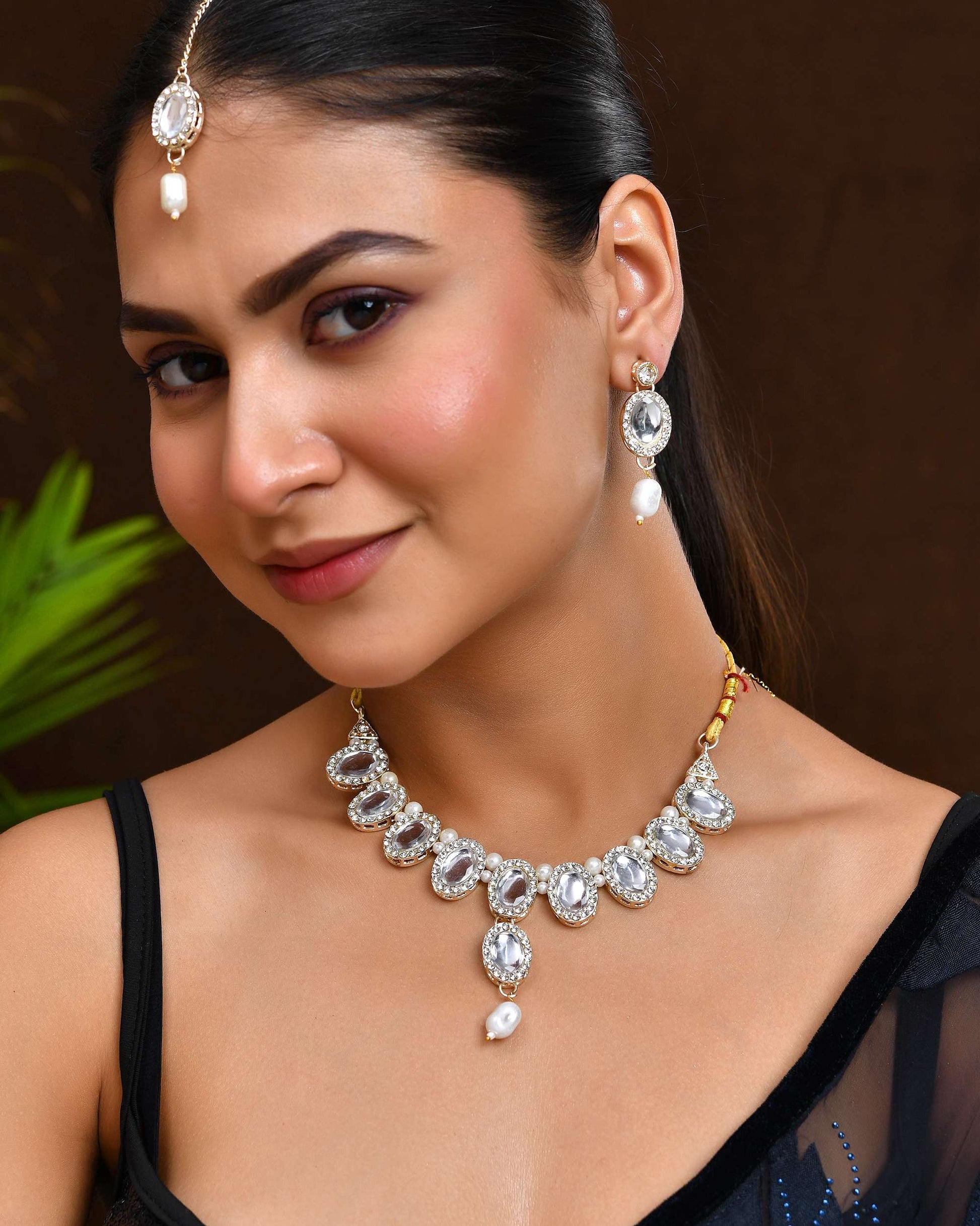 Jewels Nest Elegant White Stone & Pearl Choker Necklace Set with Earrings – Bridal & Festive Wear Jewels Nest
