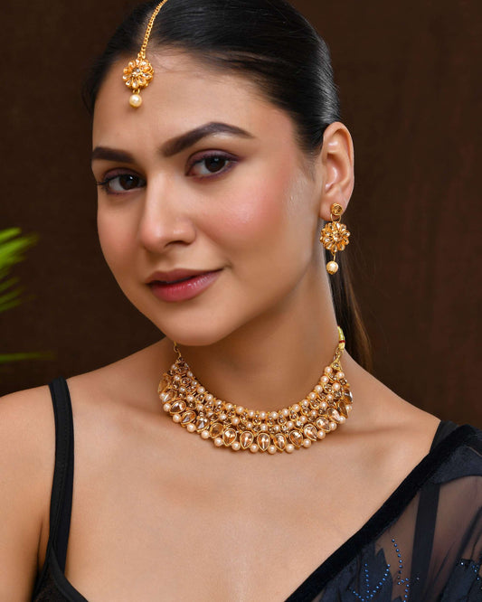 Jewels Nest Gold-Plated Kundan-Style Choker Necklace Set with Pearls & Earrings – Ethnic Wedding Jewellery Jewels Nest