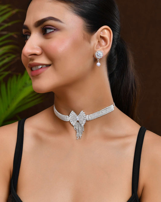 Jewels Nest American Diamond-Studded & Pearl Droplet Silver Choker Set Jewels Nest