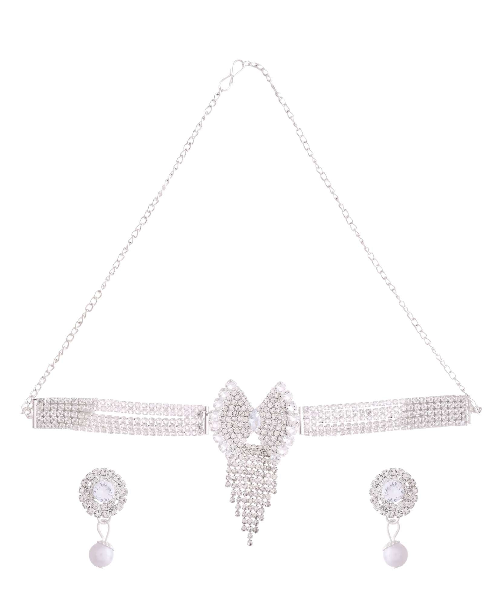 Jewels Nest American Diamond-Studded & Pearl Droplet Silver Choker Set Jewels Nest