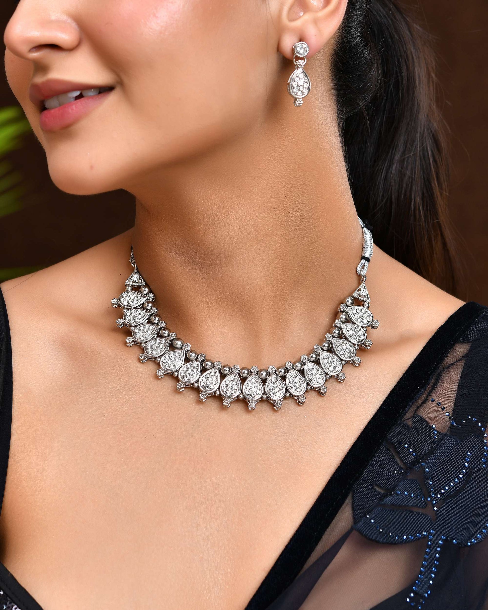 Jewels Nest Silver-Plated AD Studded Traditional Necklace Set for Women Jewels Nest