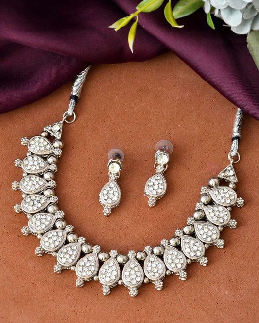 Jewels Nest Silver-Plated AD Studded Traditional Necklace Set for Women Jewels Nest