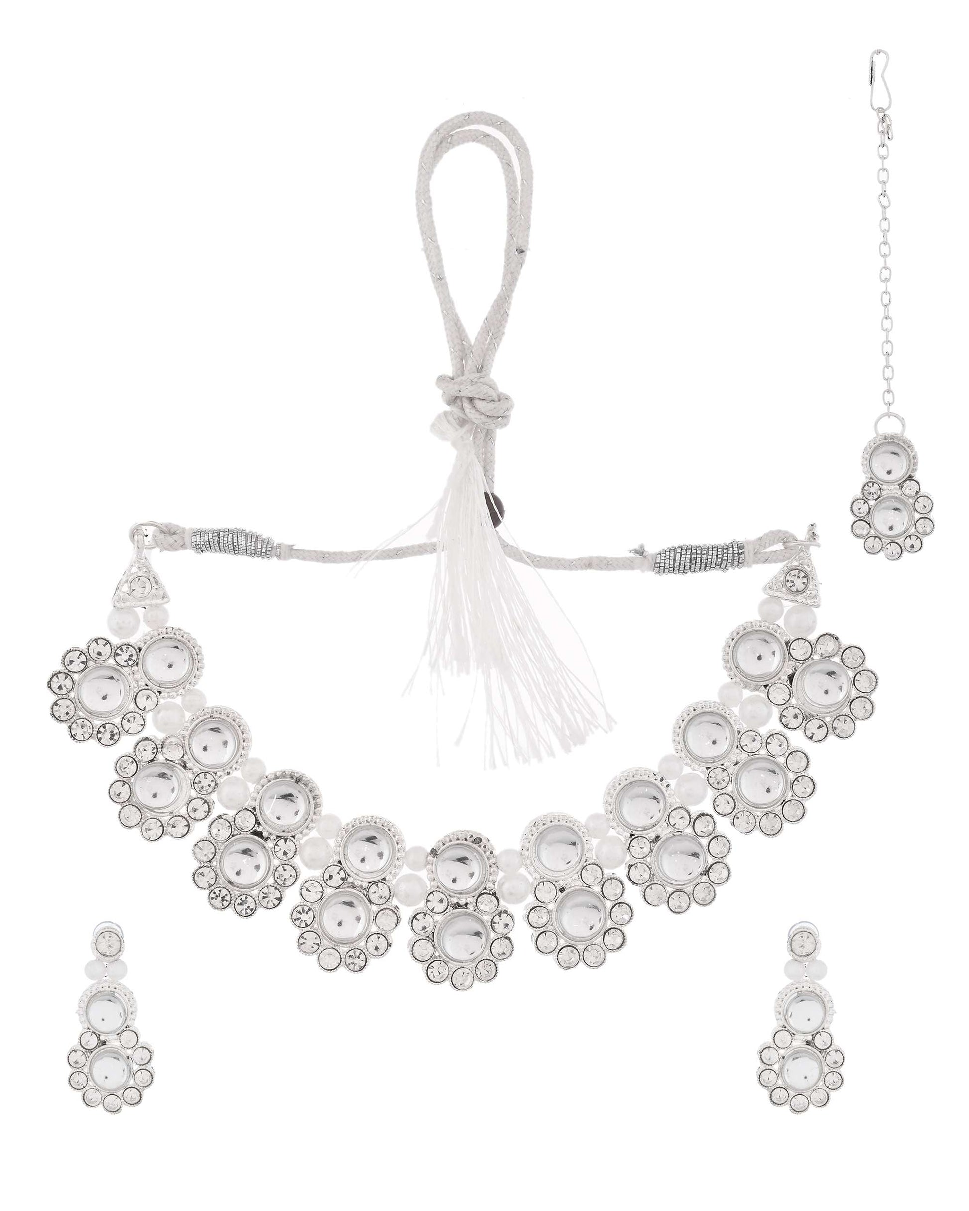 Jewels Nest Oxidized Silver Mirror Choker Necklace Set with Earrings – Boho Tribal Jewellery
