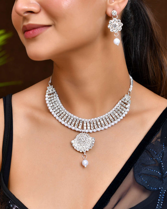 Jewels Nest Dazzling Occasion-Wear Set in Radiant Silver Finish and White Detailing Jewels Nest