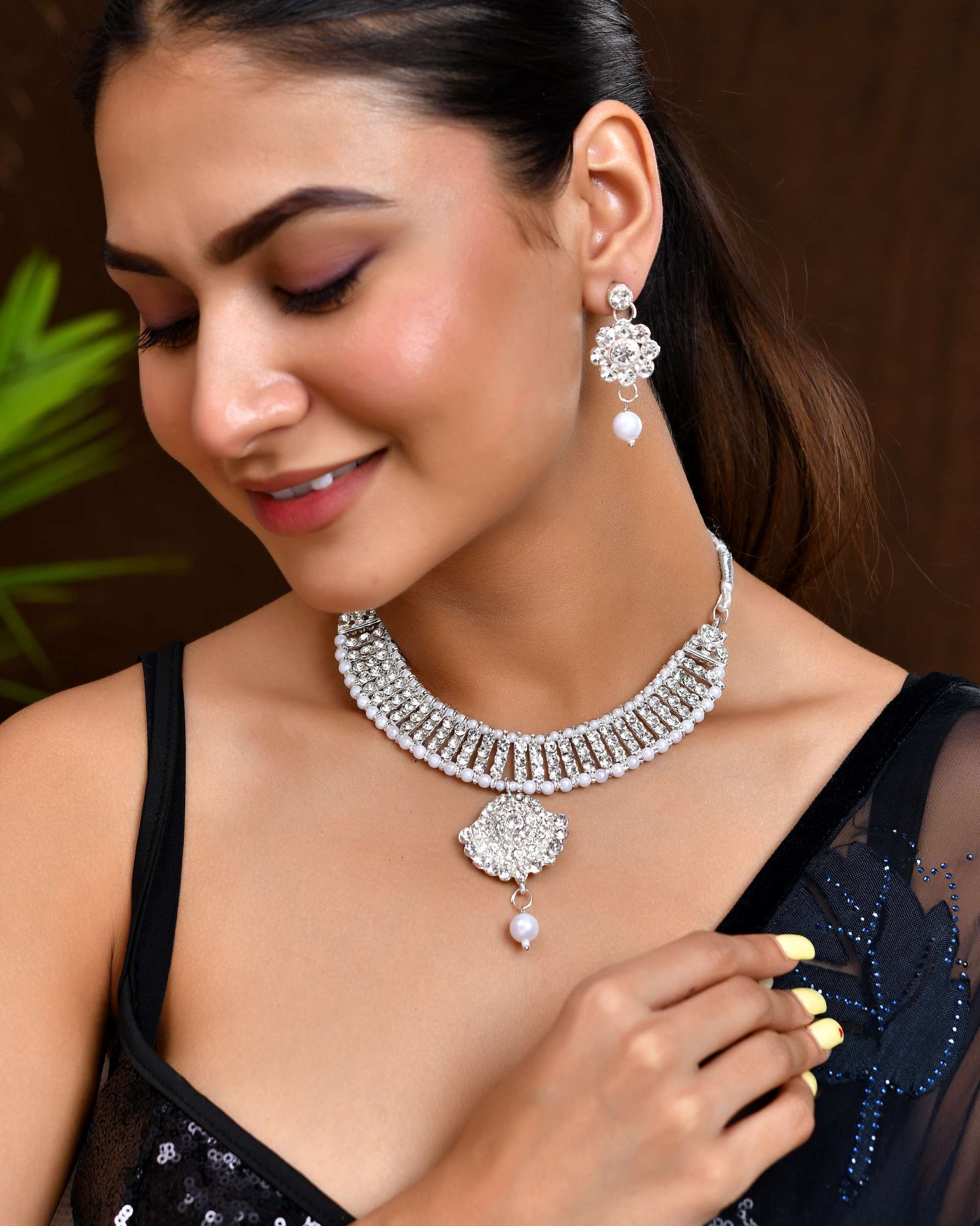Jewels Nest Dazzling Occasion-Wear Set in Radiant Silver Finish and White Detailing Jewels Nest