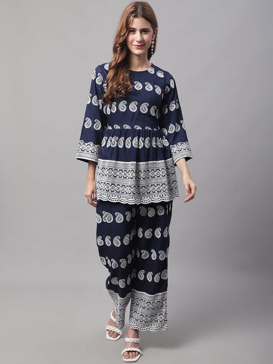 Jainish Women's Embroidered and Sequin work Co-ords - Navy Blue 