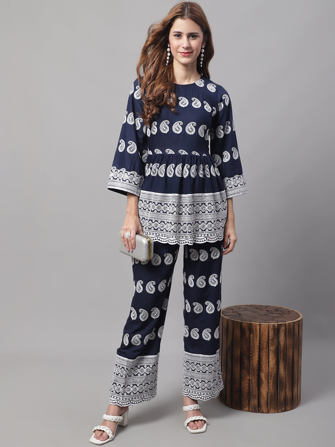 Jainish Women's Embroidered and Sequin work Co-ords - Navy Blue 