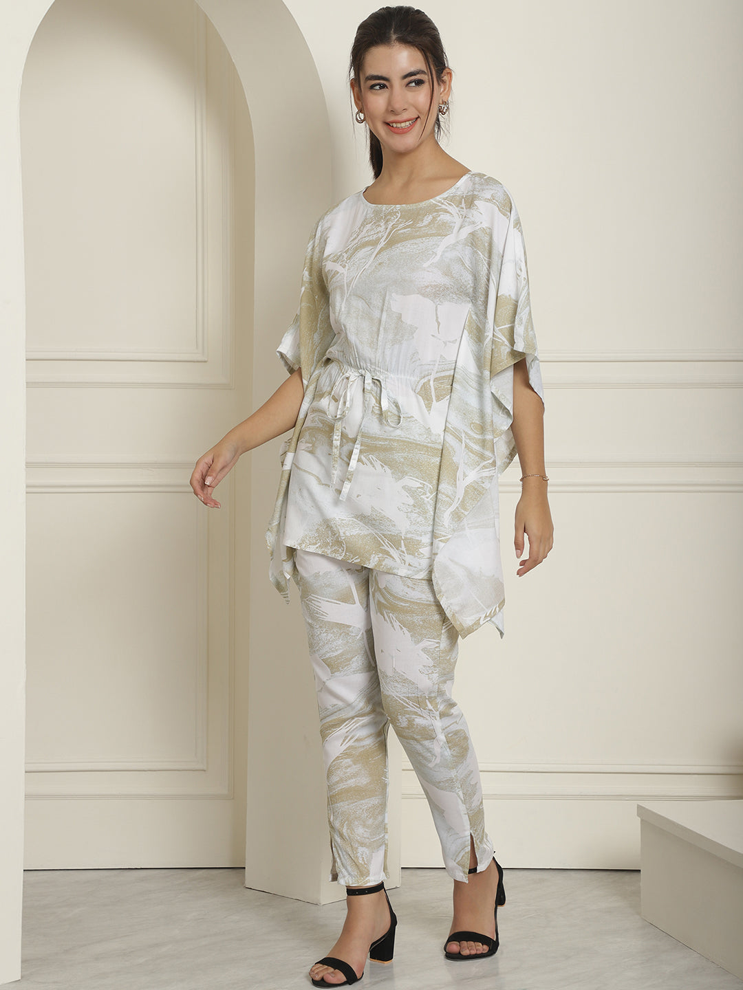 Indian Needle Women's Beige Tie Dye Printed Rayon Kaftan Tunic With Trousers - Beige 