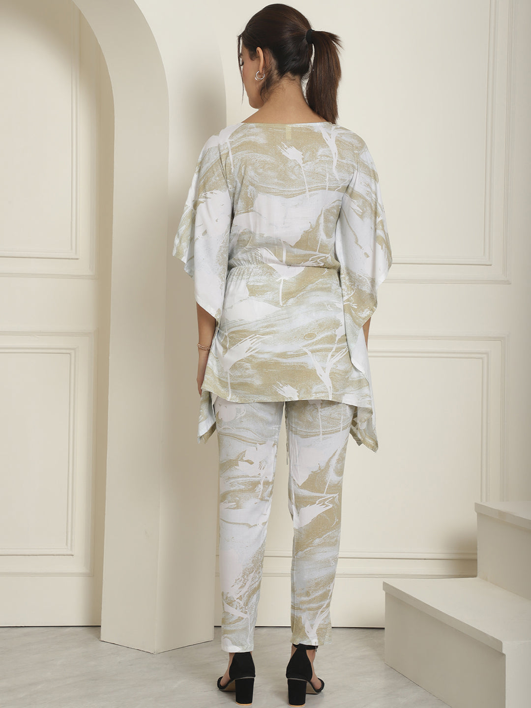 Indian Needle Women's Beige Tie Dye Printed Rayon Kaftan Tunic With Trousers - Beige 