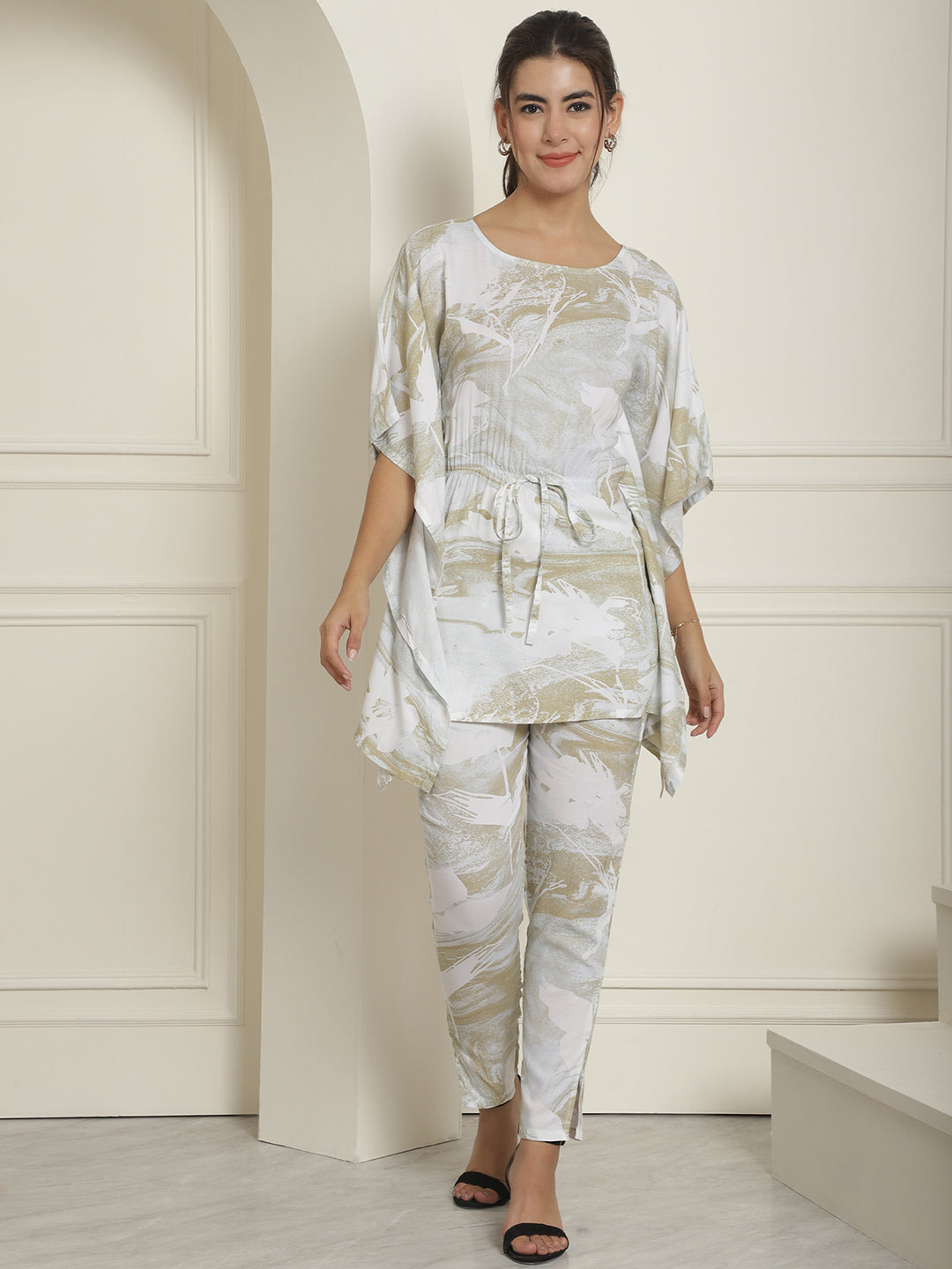 Indian Needle Women's Beige Tie Dye Printed Rayon Kaftan Tunic With Trousers - Beige 
