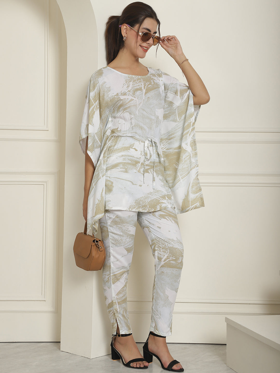 Indian Needle Women's Beige Tie Dye Printed Rayon Kaftan Tunic With Trousers - Beige 