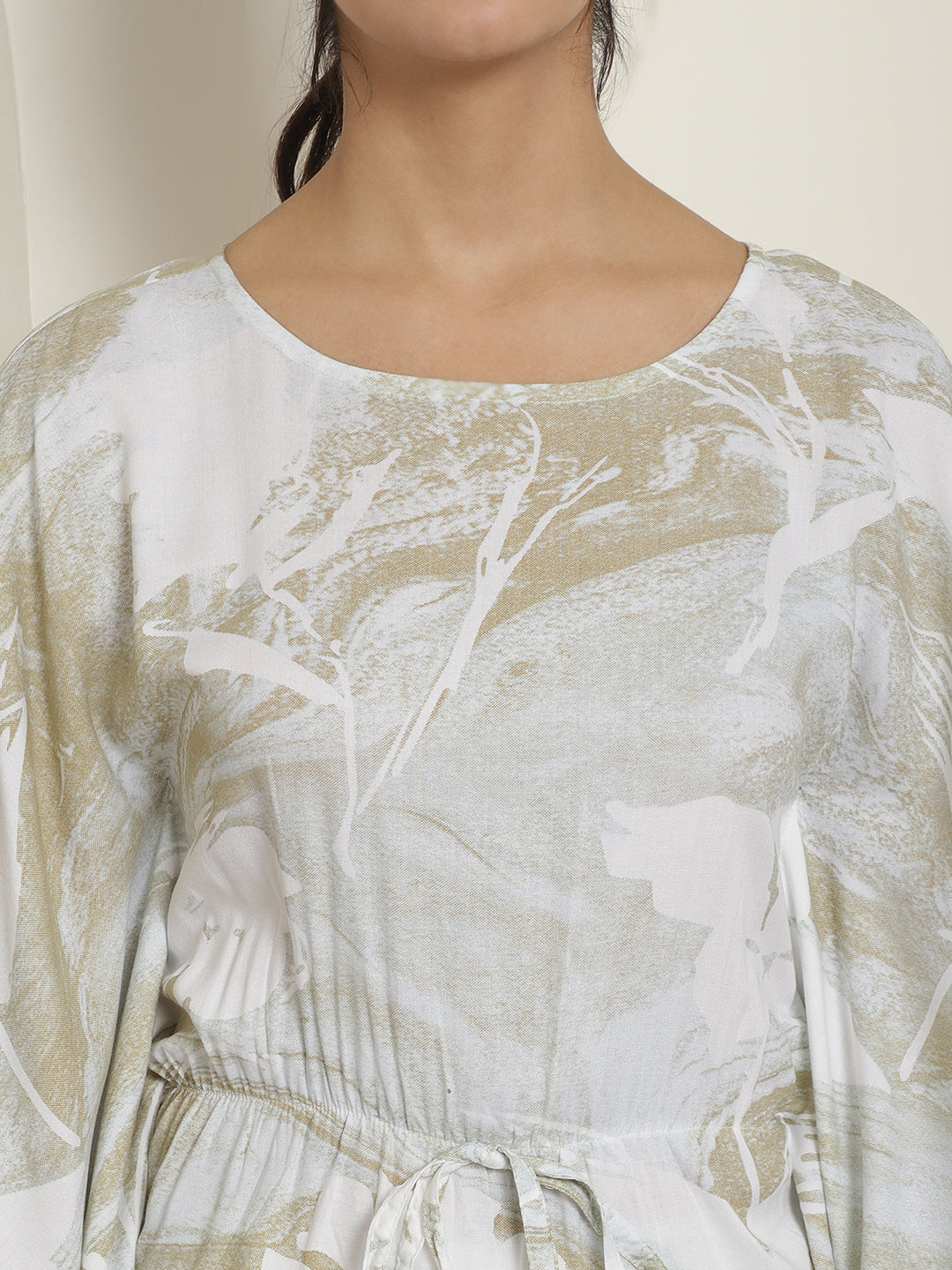 Indian Needle Women's Beige Tie Dye Printed Rayon Kaftan Tunic With Trousers - Beige 