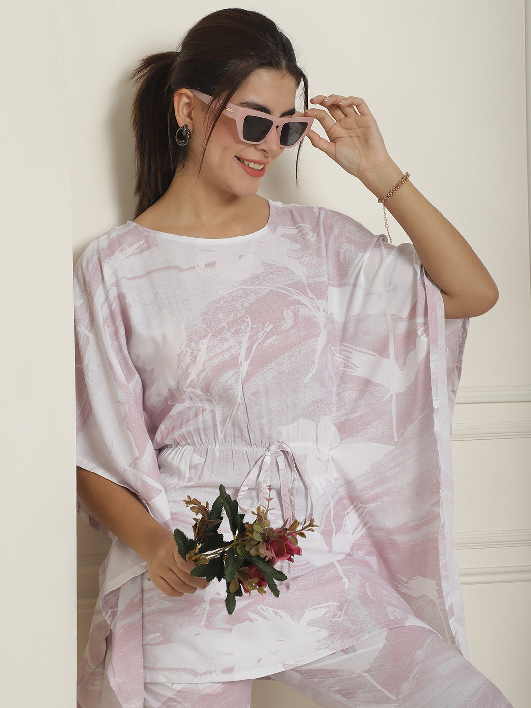 Indian Needle Women's Light-Purple Tie Dye Printed Rayon Kaftan Tunic With Trousers - Light-Purple 