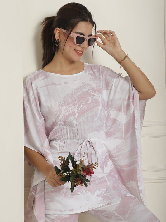 Indian Needle Women's Light-Purple Tie Dye Printed Rayon Kaftan Tunic With Trousers - Light-Purple 