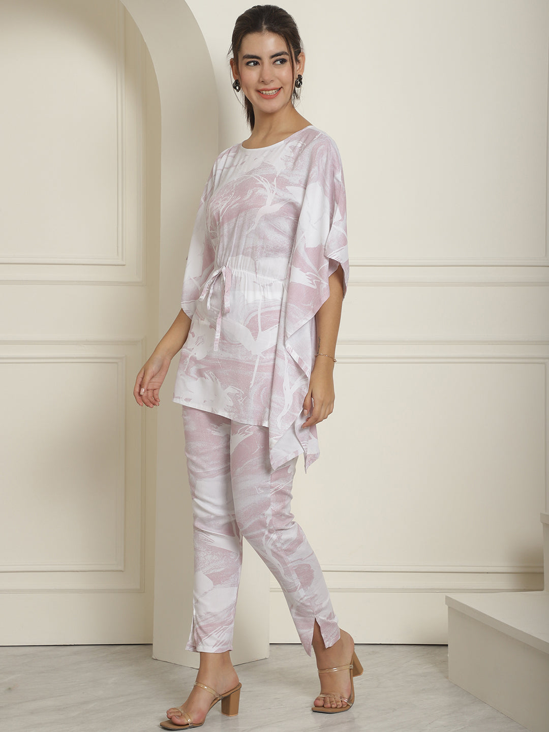 Indian Needle Women's Light-Purple Tie Dye Printed Rayon Kaftan Tunic With Trousers - Light-Purple 