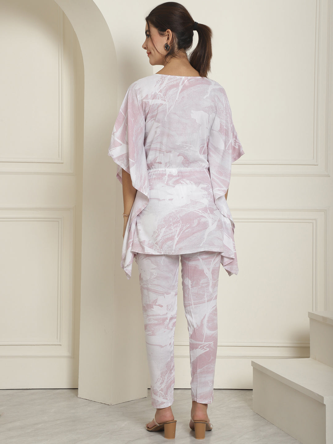Indian Needle Women's Light-Purple Tie Dye Printed Rayon Kaftan Tunic With Trousers - Light-Purple 